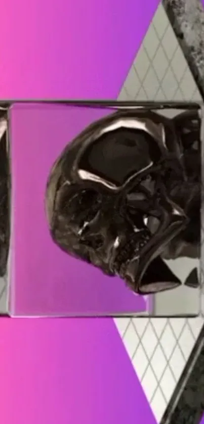 Metallic skull in cube on pink and purple gradient background wallpaper.