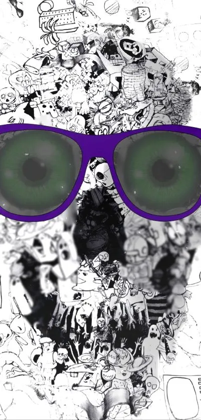 Abstract skull with purple glasses and green eyes on white background.