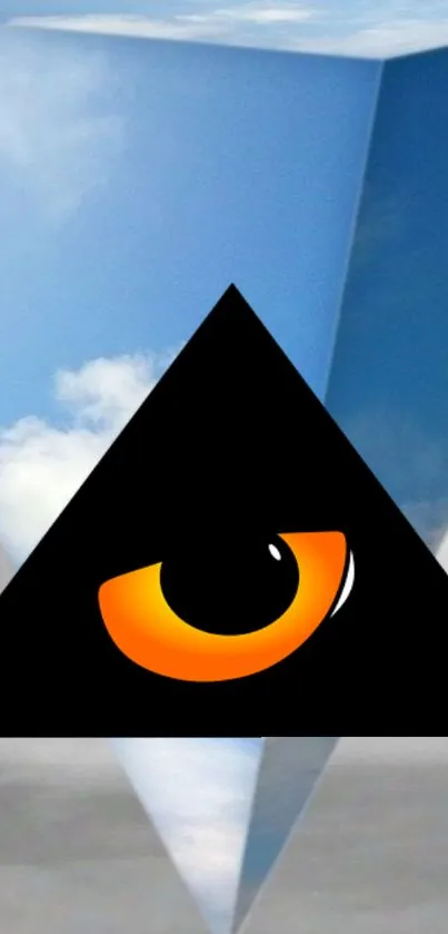 Mobile wallpaper with a pyramid and eye against a dramatic sky.