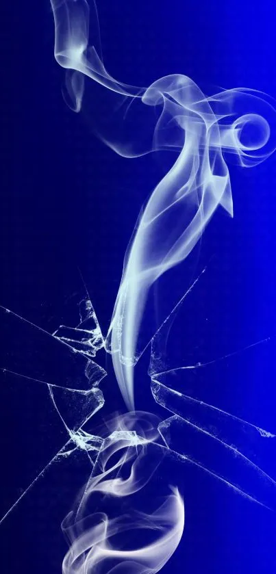 Abstract smoke trails through shattered glass with a blue background.