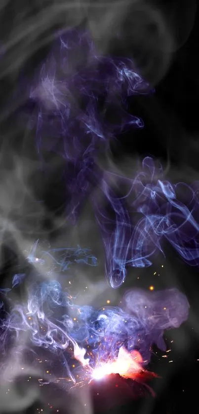 Abstract mobile wallpaper with purple smoke and sparks.