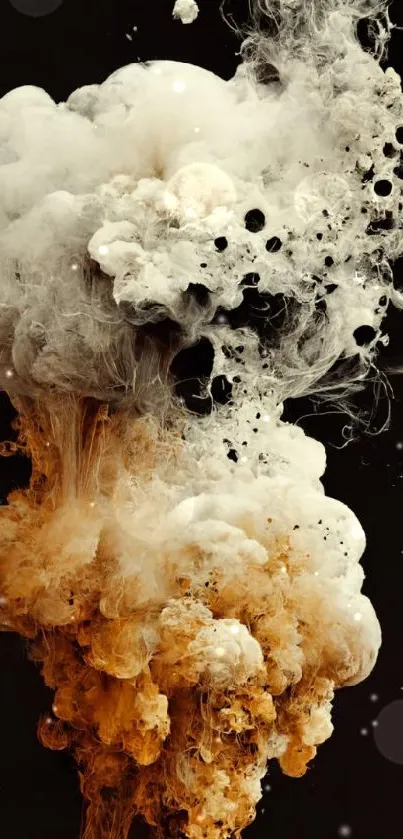 Dynamic abstract smoke art wallpaper in black, white, and orange hues.