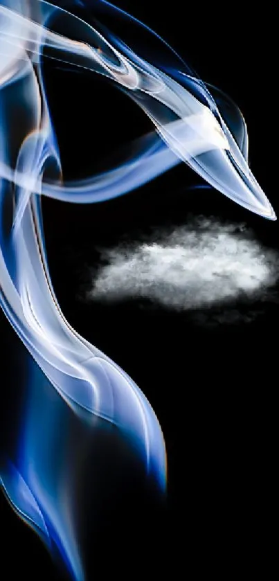 Abstract smoke design with blue swirls on black background.