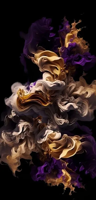 Abstract smoke art wallpaper with purple and gold curls on a dark background.