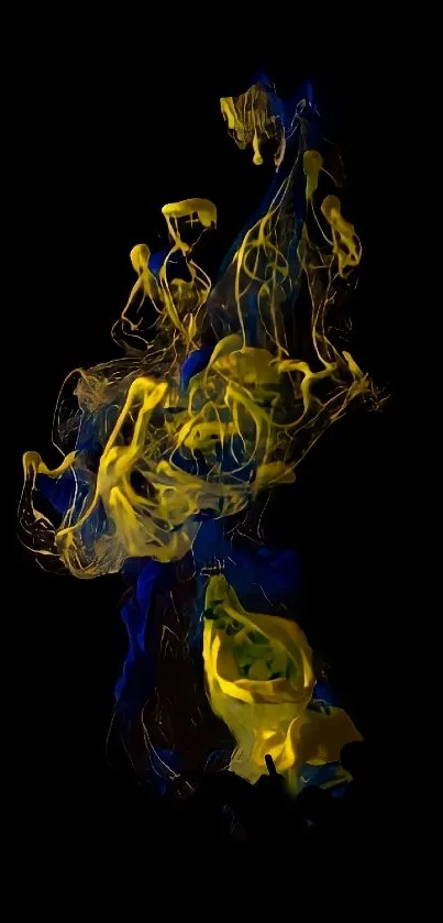 Vibrant abstract smoke art in blue and yellow on a black background.