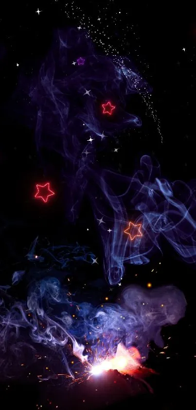 Abstract smoke swirls in blue and purple hues on a dark background.