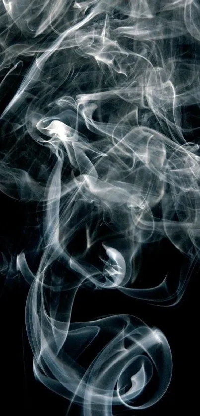 Abstract white smoke swirls on black background mobile wallpaper.