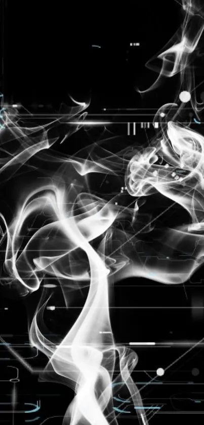 Abstract smoke and digital lines on a black background wallpaper.