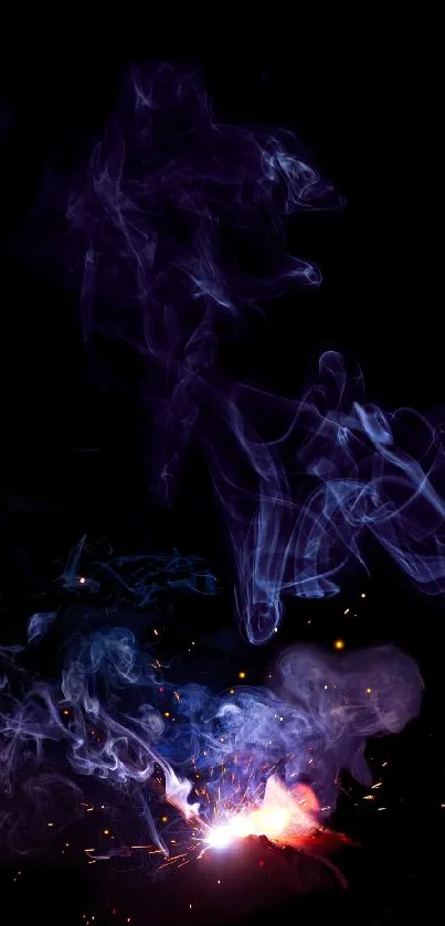 Dynamic abstract wallpaper with smoky purple and blue hues on dark background.