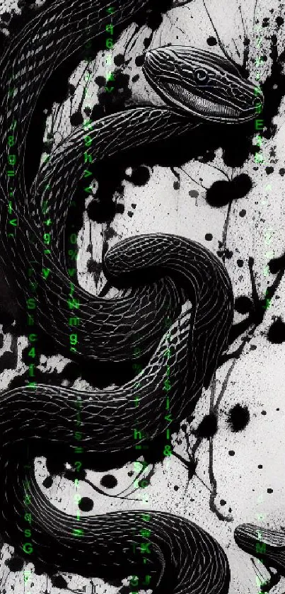 Stylish black and white snake art wallpaper with abstract splashes.