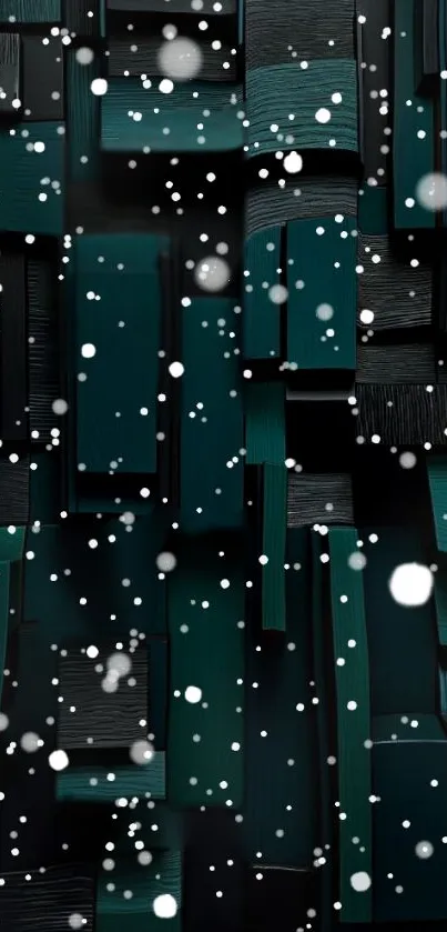 Abstract teal blocks with falling snowflakes.