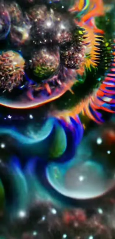 Vibrant cosmic abstract wallpaper with dynamic colors and surreal shapes.