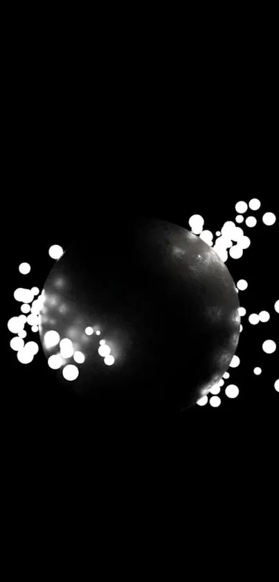 Abstract black sphere with glowing white orbs on a dark background wallpaper.