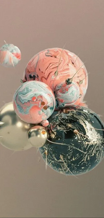 Abstract spheres with marbled patterns on a blush pink background.