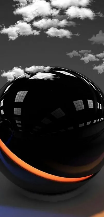 Abstract black sphere with clouds wallpaper, accented with orange and grey tones.