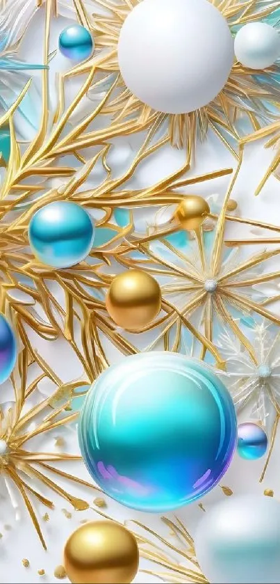 Abstract spheres and gold floral pattern wallpaper.