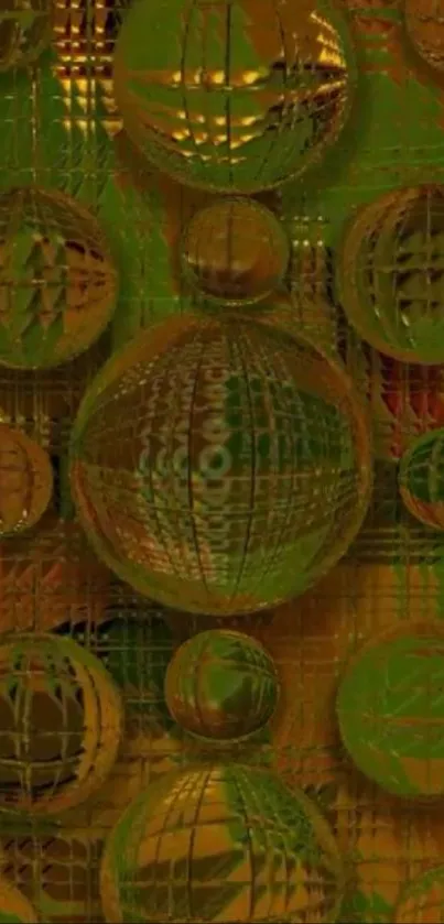 Abstract green and gold spheres wallpaper for mobile.