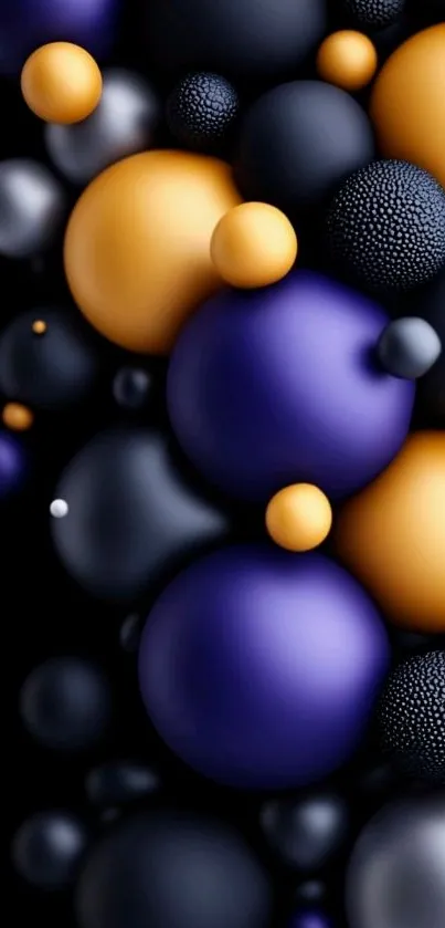 Abstract spheres in black, gold, and purple on mobile wallpaper.