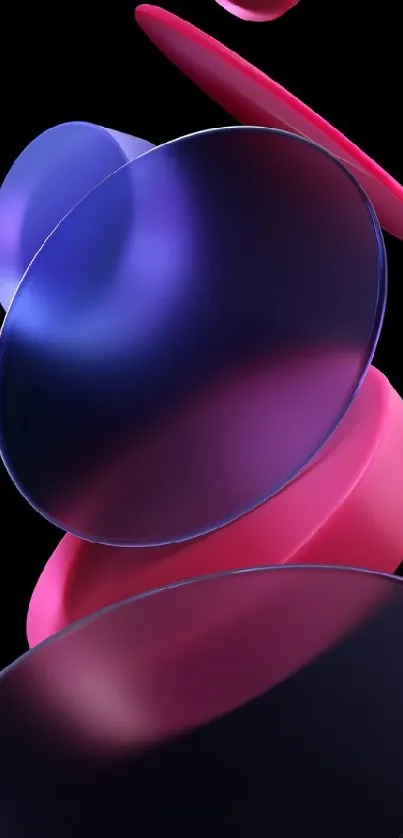 Abstract pink and blue spheres on black wallpaper.