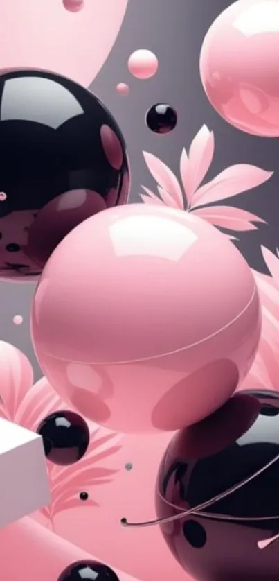 Abstract spheres with pink and black hues on a mobile wallpaper.