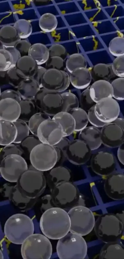 Abstract spheres resting on a vibrant blue grid, creating a visually dynamic display.