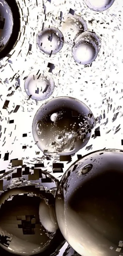 Abstract wallpaper with metallic spheres and digital particles.