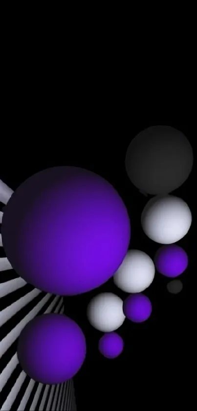 Abstract wallpaper with purple and white spheres on a black background.