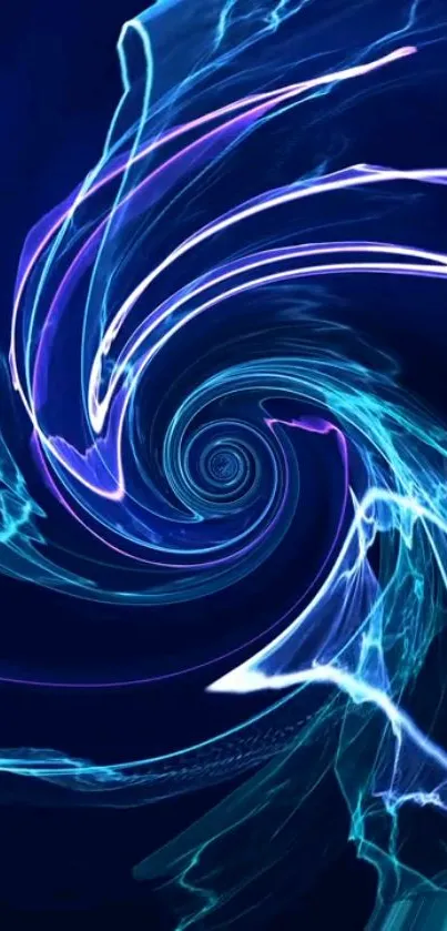 Abstract neon spiral vortex with blue and purple trails.