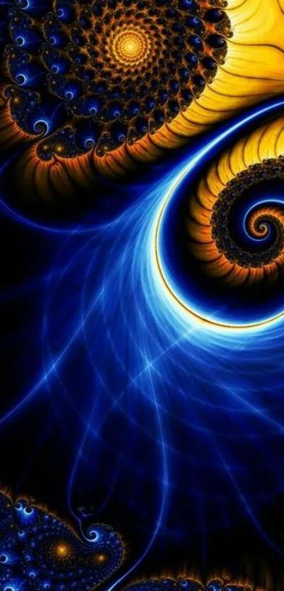 Abstract spiral fractal wallpaper in blue and gold tones.