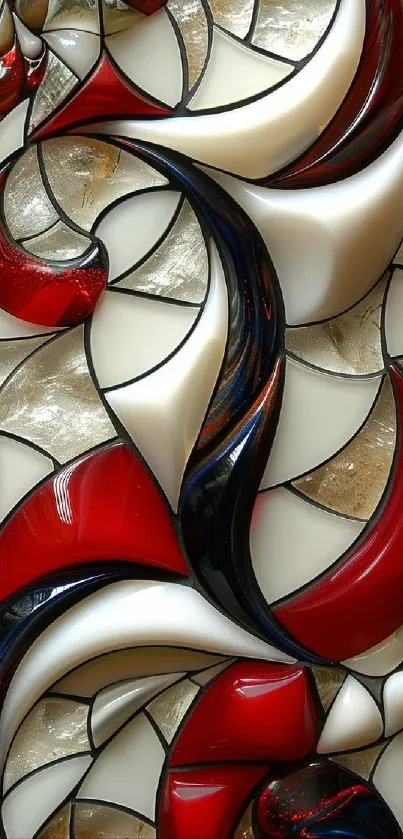 Abstract stained glass design with red and black swirls.