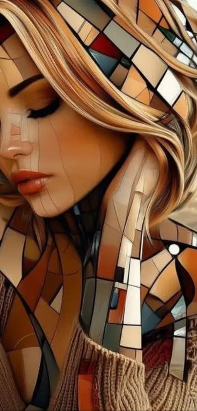Abstract stained glass art featuring a woman's portrait.