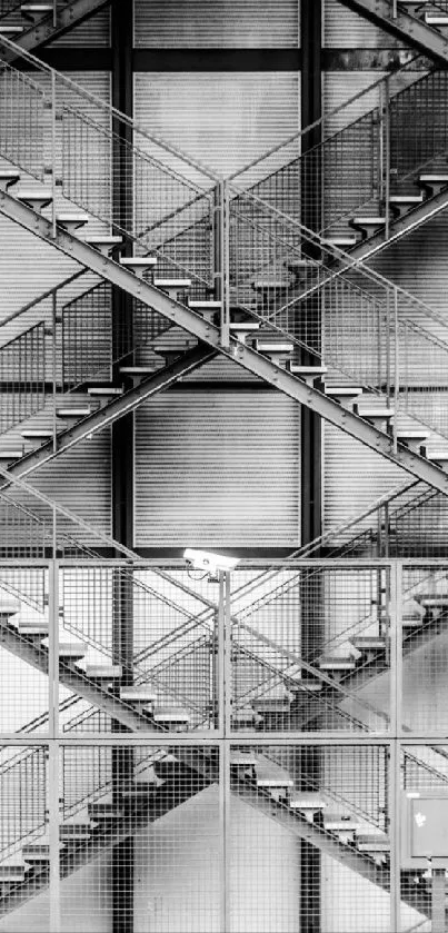 Abstract black and white staircase with geometric design.