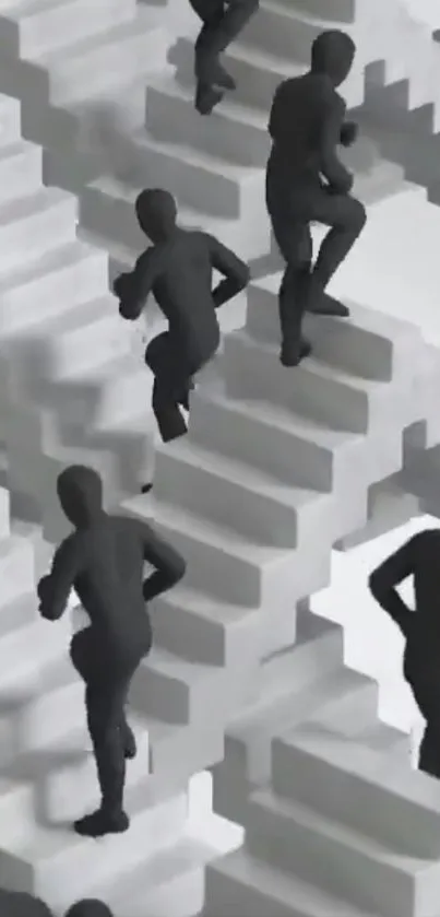 Black figures on abstract white stairs create a modern mobile wallpaper.