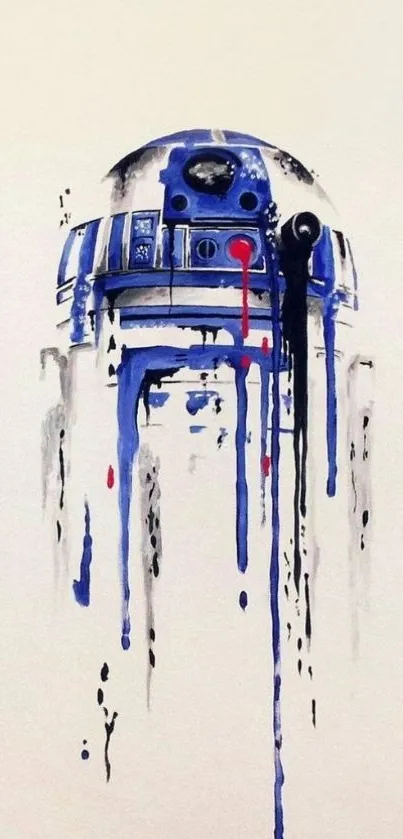 Abstract art of a Star Wars droid with colorful ink drips on a white background.