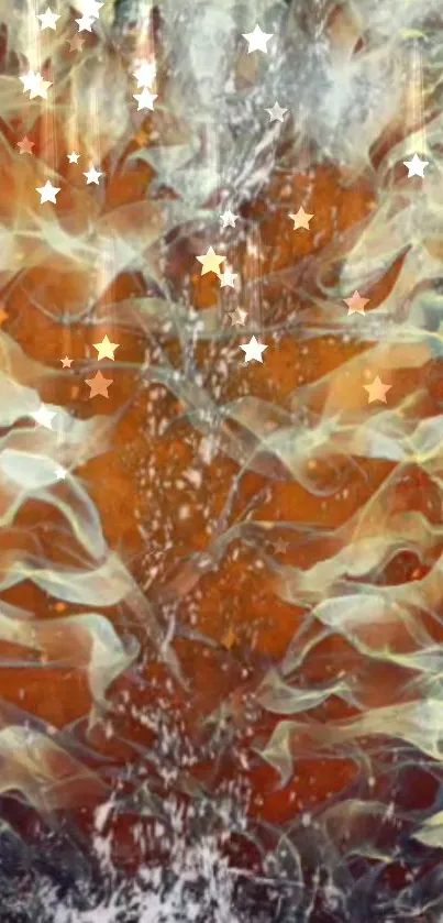 Abstract flames with star sparkles on a burnt orange background.