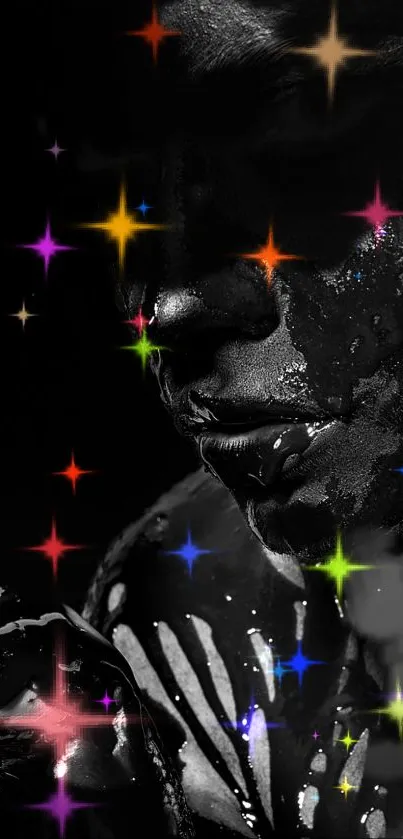 Dark silhouette with colorful stars overlay
