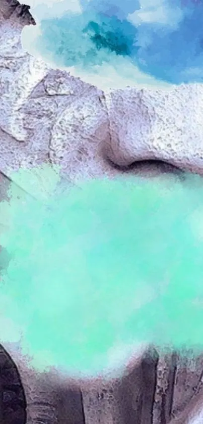 Abstract stone mask wallpaper with blue and mint green hues.