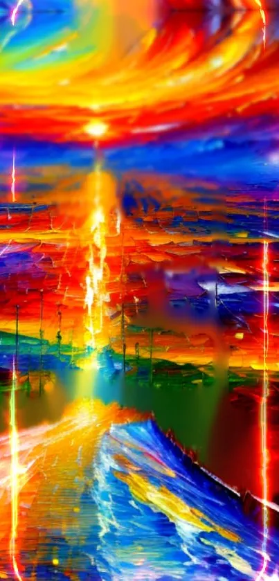 Vibrant abstract sunset road wallpaper with radiant colors and artistic style.
