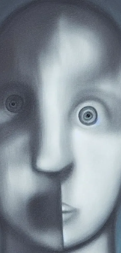 Abstract surreal face in gray tones with expressive eyes.