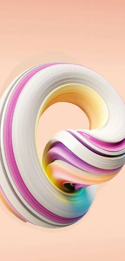 Abstract 3D swirl art with pastel colors on a peach background.