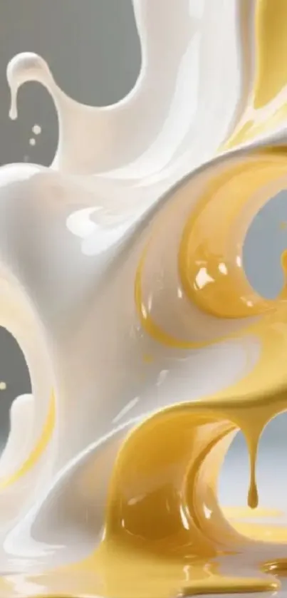Abstract wallpaper with white and yellow liquid swirls.