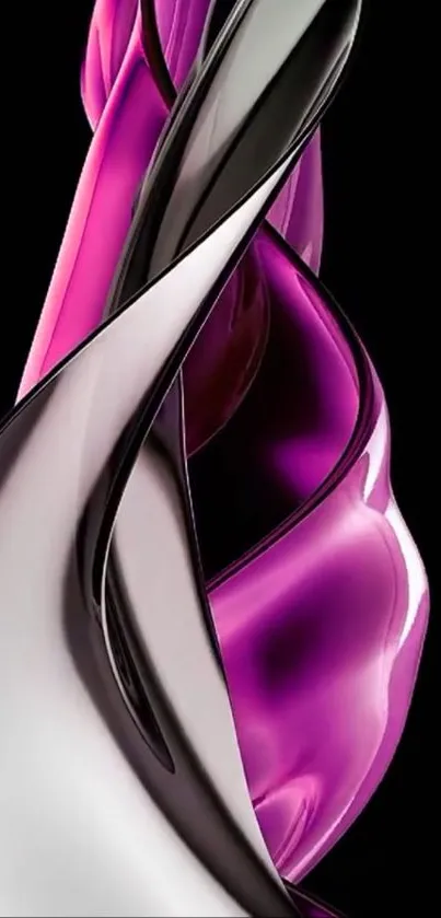 Vibrant abstract swirl in pink and silver against black background.