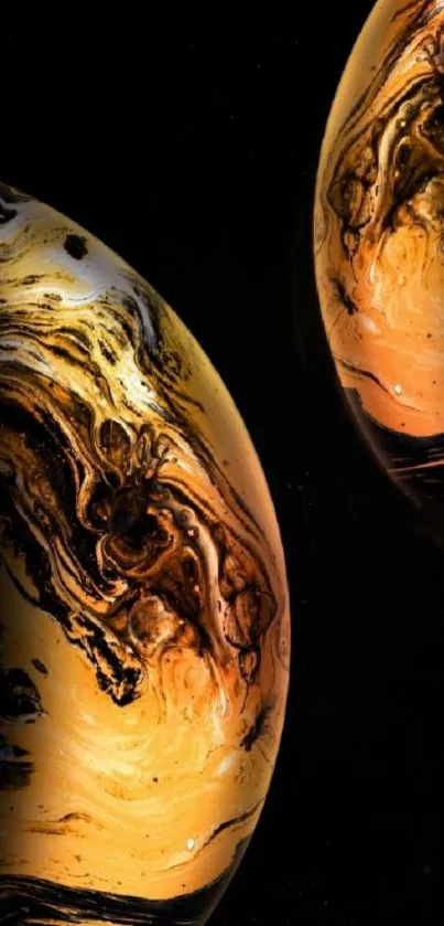 Abstract swirl planet wallpaper with amber and black tones.