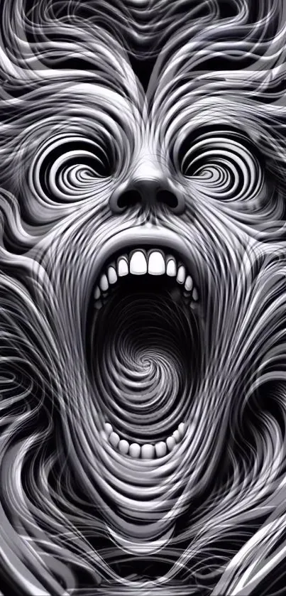 Abstract swirling face art with intricate design.