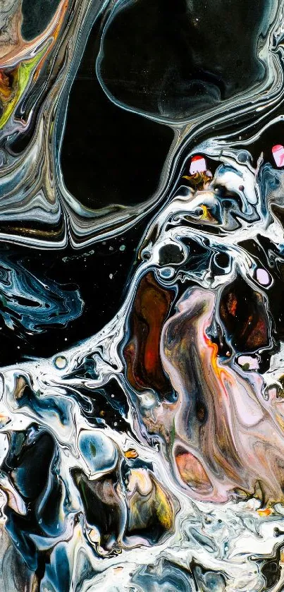 Dynamic abstract swirling marble design in black and colorful hues.