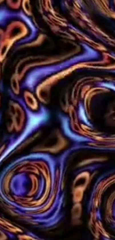 Abstract swirling pattern in blue and orange hues.