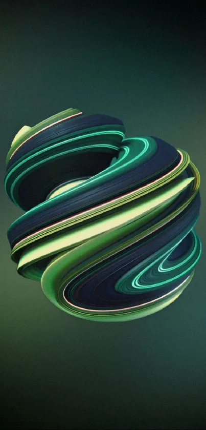 Abstract swirling sphere in green and blue hues on black background.