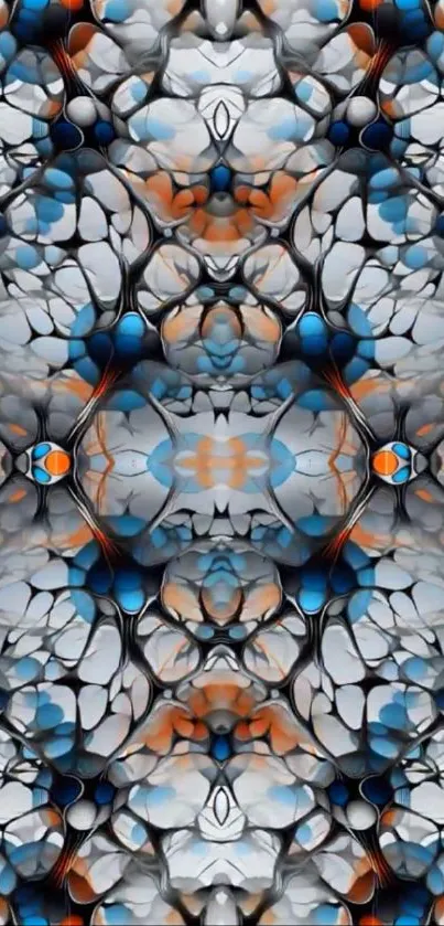 Abstract blue and orange pattern wallpaper with symmetry.