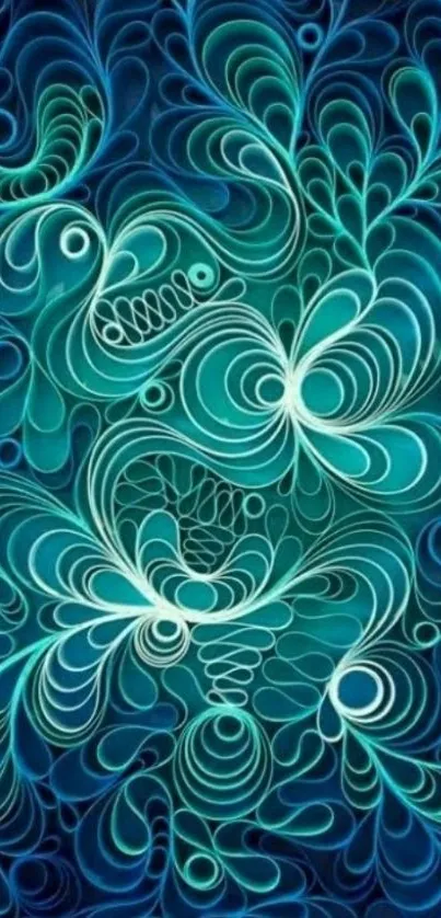 Abstract teal and blue swirling pattern wallpaper.