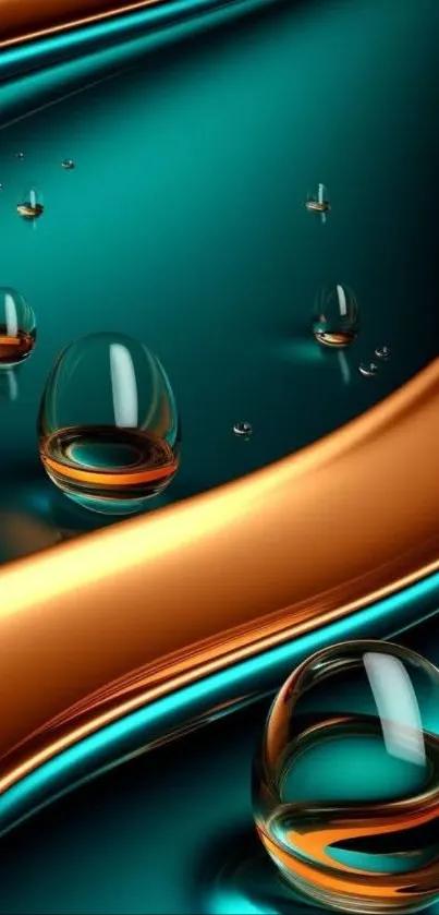 Abstract teal and gold wallpaper with 3D spheres.